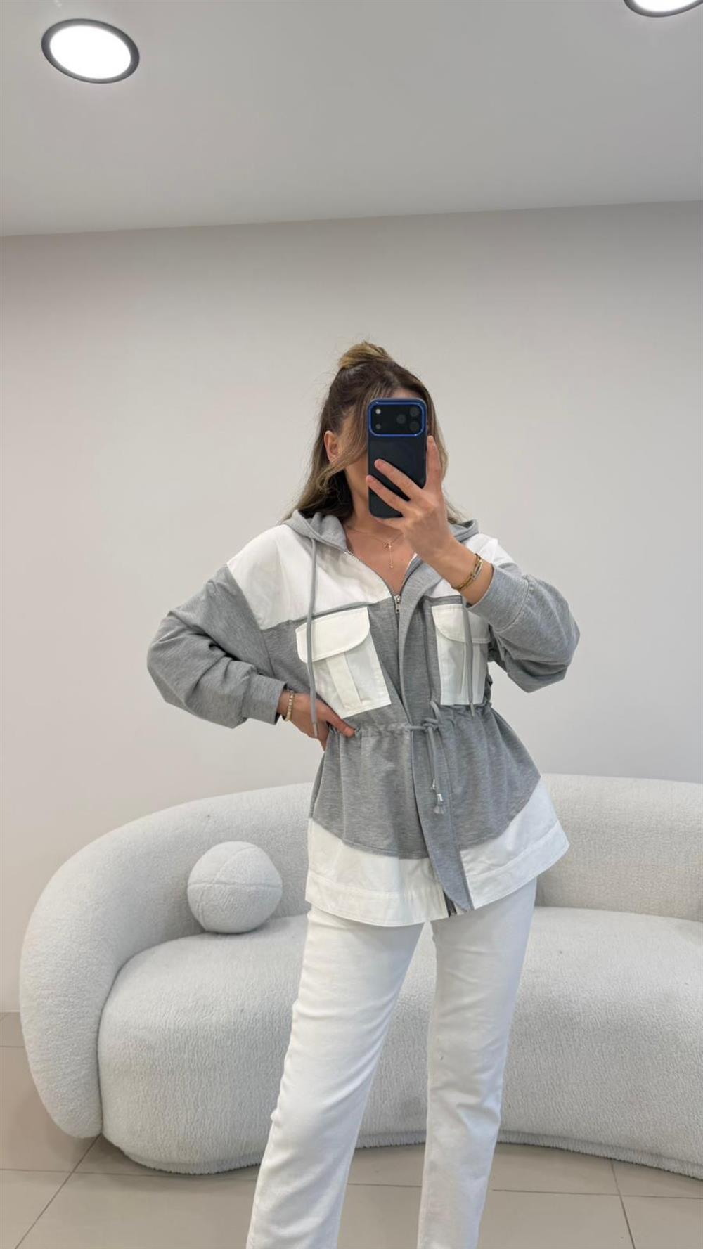 GRİ-BEYAZ KAPŞONLU POPLİN SWEAT