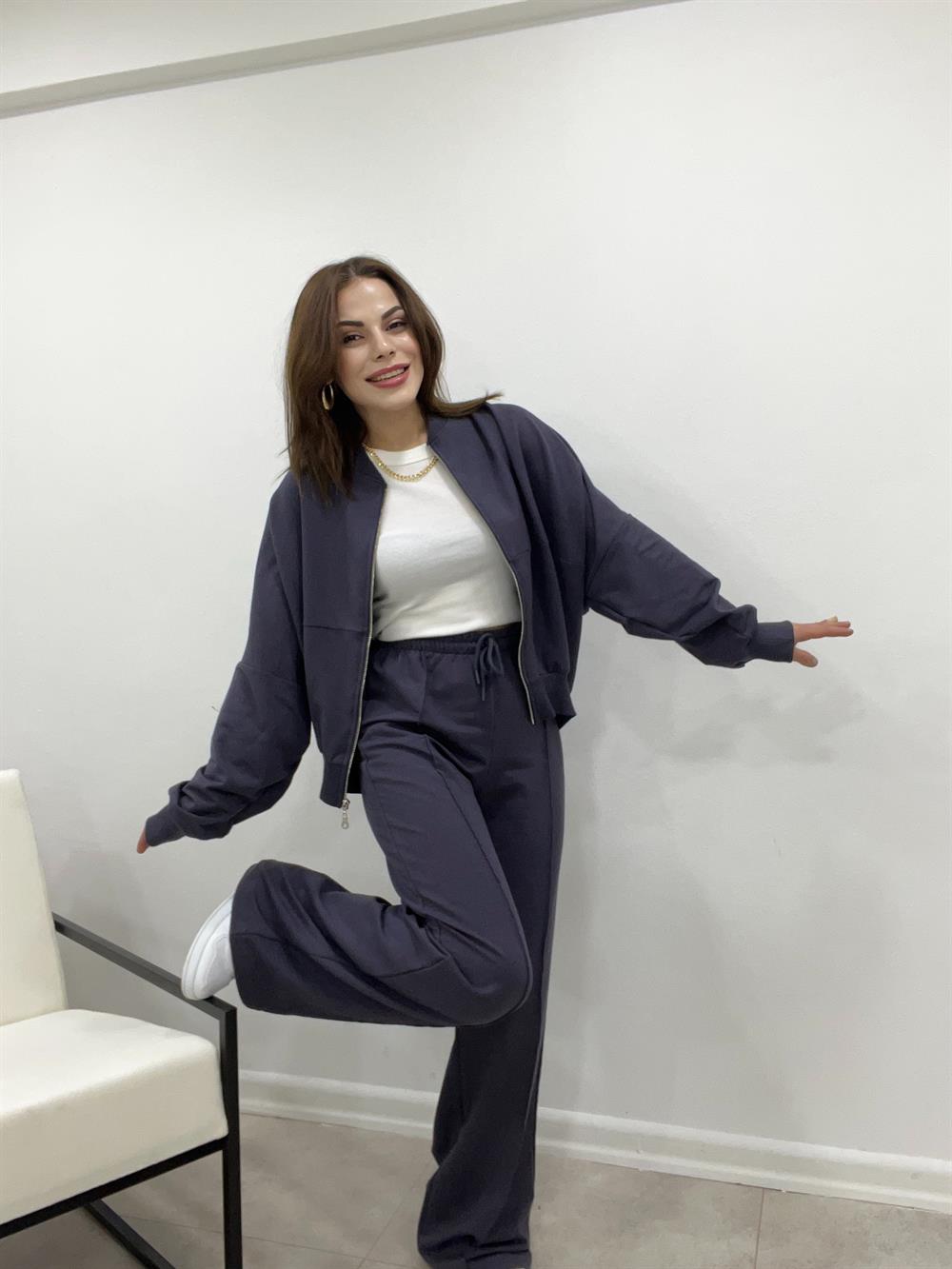 Gri̇ Faye Fermuarli Sweatshi̇rt Eşofman Takimi