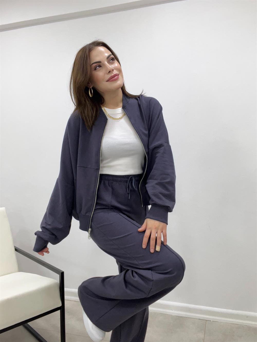 Gri̇ Faye Fermuarli Sweatshi̇rt Eşofman Takimi