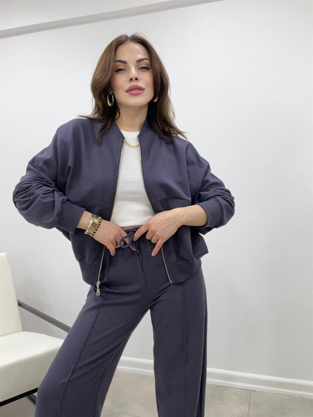 Gri̇ Faye Fermuarli Sweatshi̇rt Eşofman Takimi