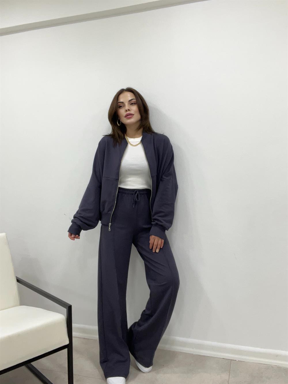 Gri̇ Faye Fermuarli Sweatshi̇rt Eşofman Takimi