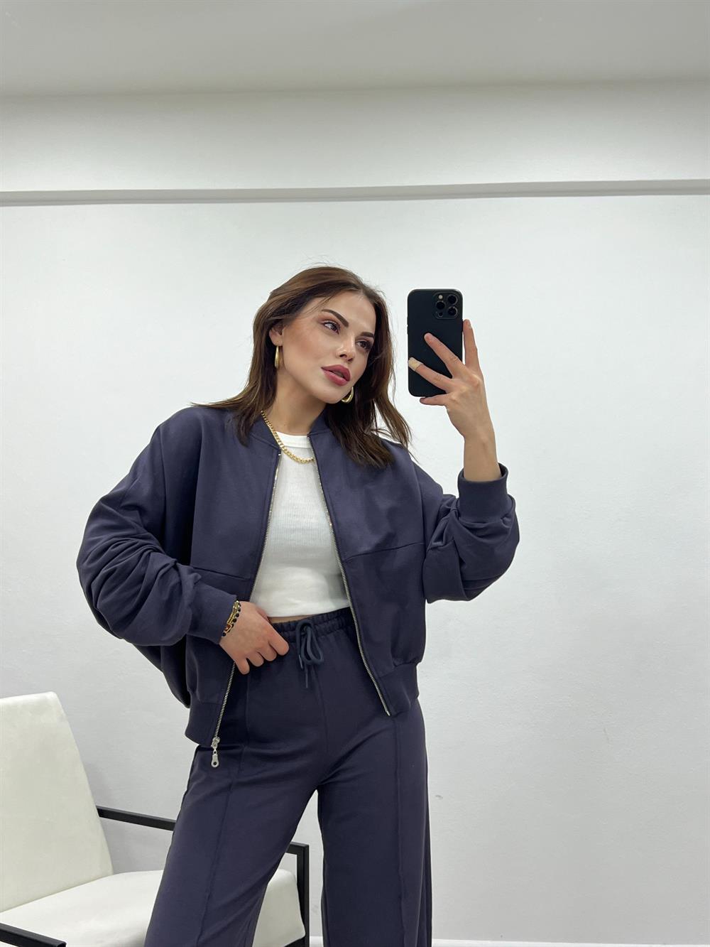 Gri̇ Faye Fermuarli Sweatshi̇rt Eşofman Takimi