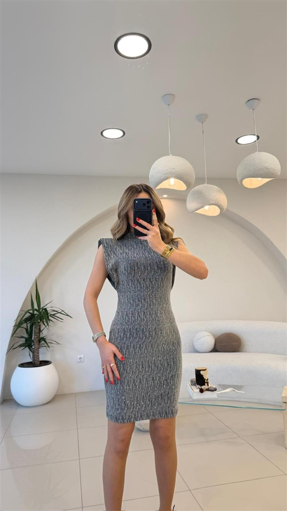 GRİ  FULL TAŞLI KOLSUZ MİNİ ELBİSE