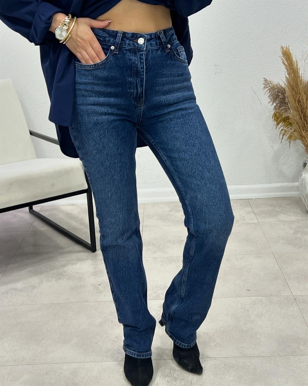 Hafi̇f Li̇kra Taşlanmiş Laci̇verti̇ Palazzo Jean