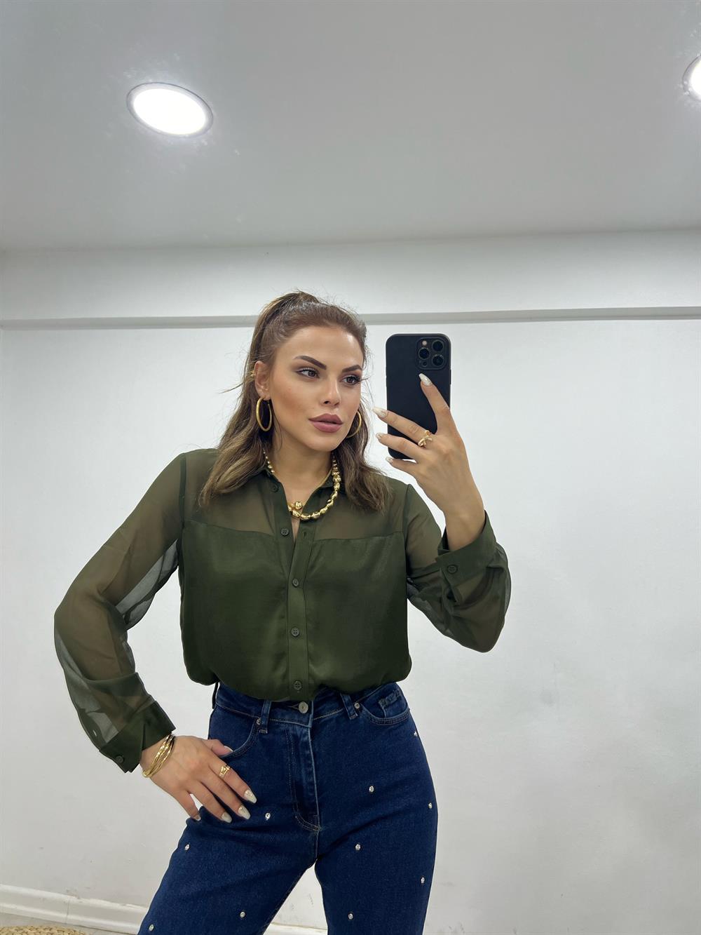 Haki̇ Tül Detayli Saten Gömlek