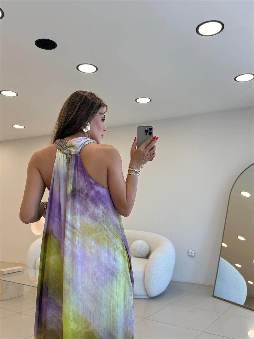 HALTER YAKA RENK GEÇİŞLİ SATEN  ELBİSE YEŞİL
