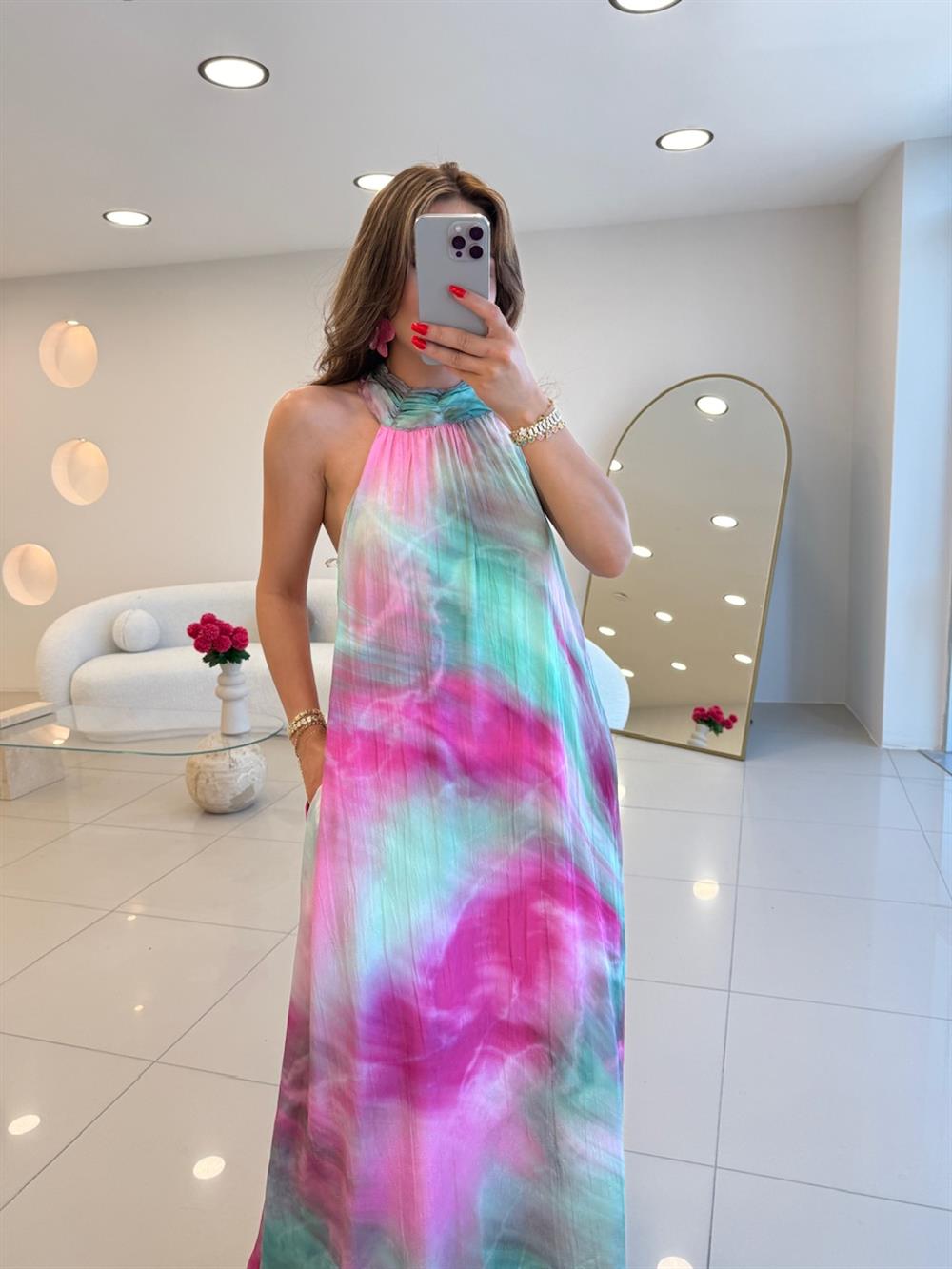 HALTER YAKA RENK GEÇİŞLİ SATEN ELBİSE PEMBE