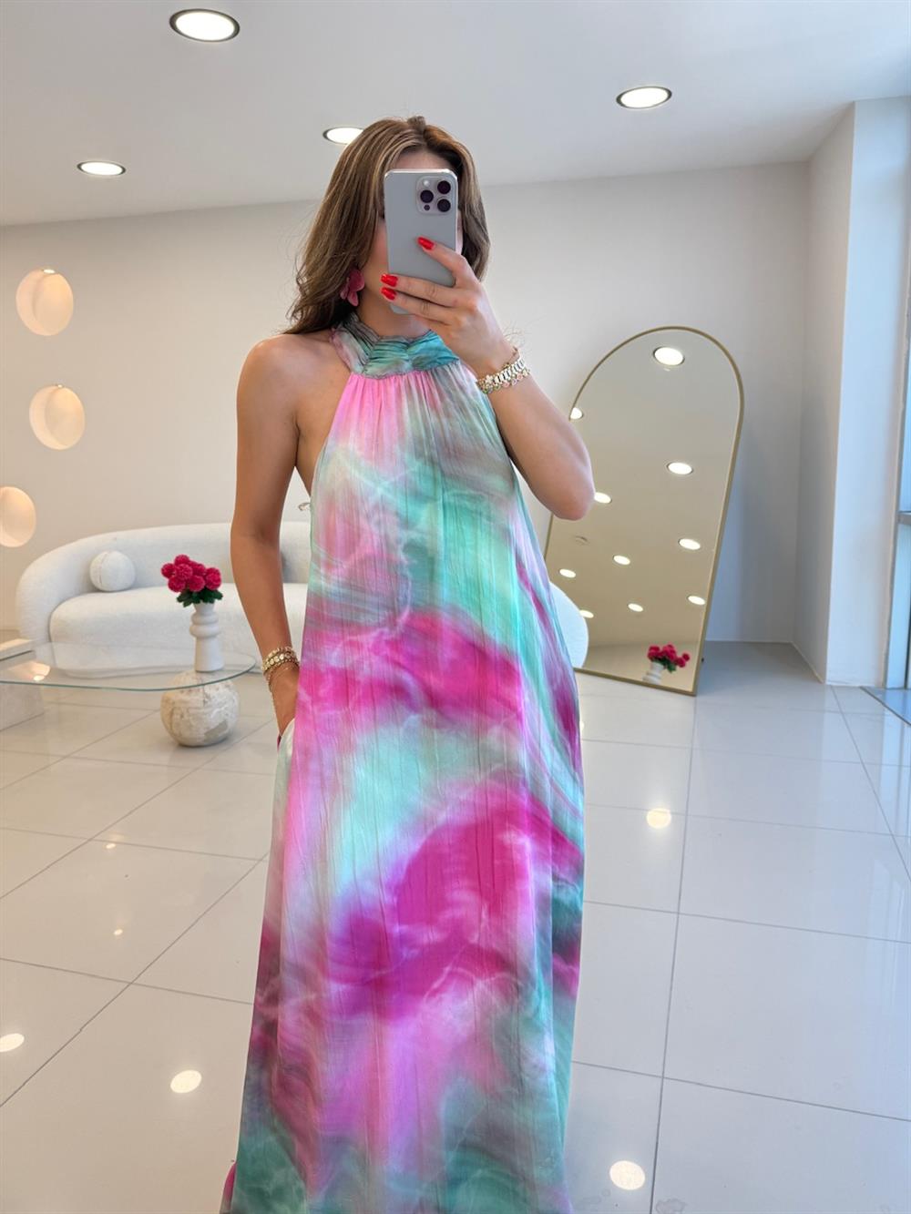 HALTER YAKA RENK GEÇİŞLİ SATEN ELBİSE PEMBE