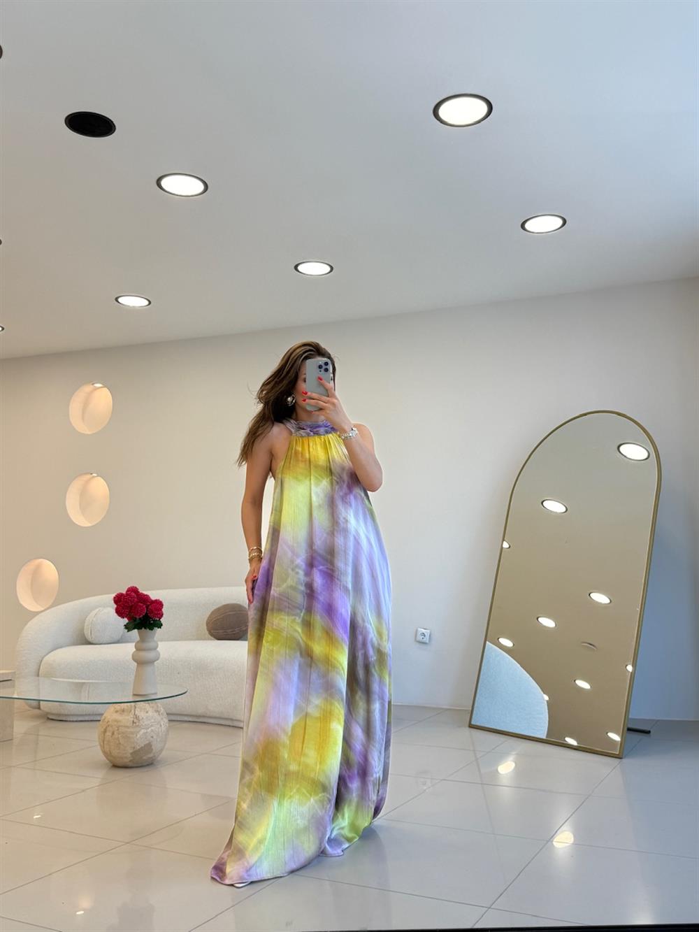 HALTER YAKA RENK GEÇİŞLİ SATEN  ELBİSE YEŞİL