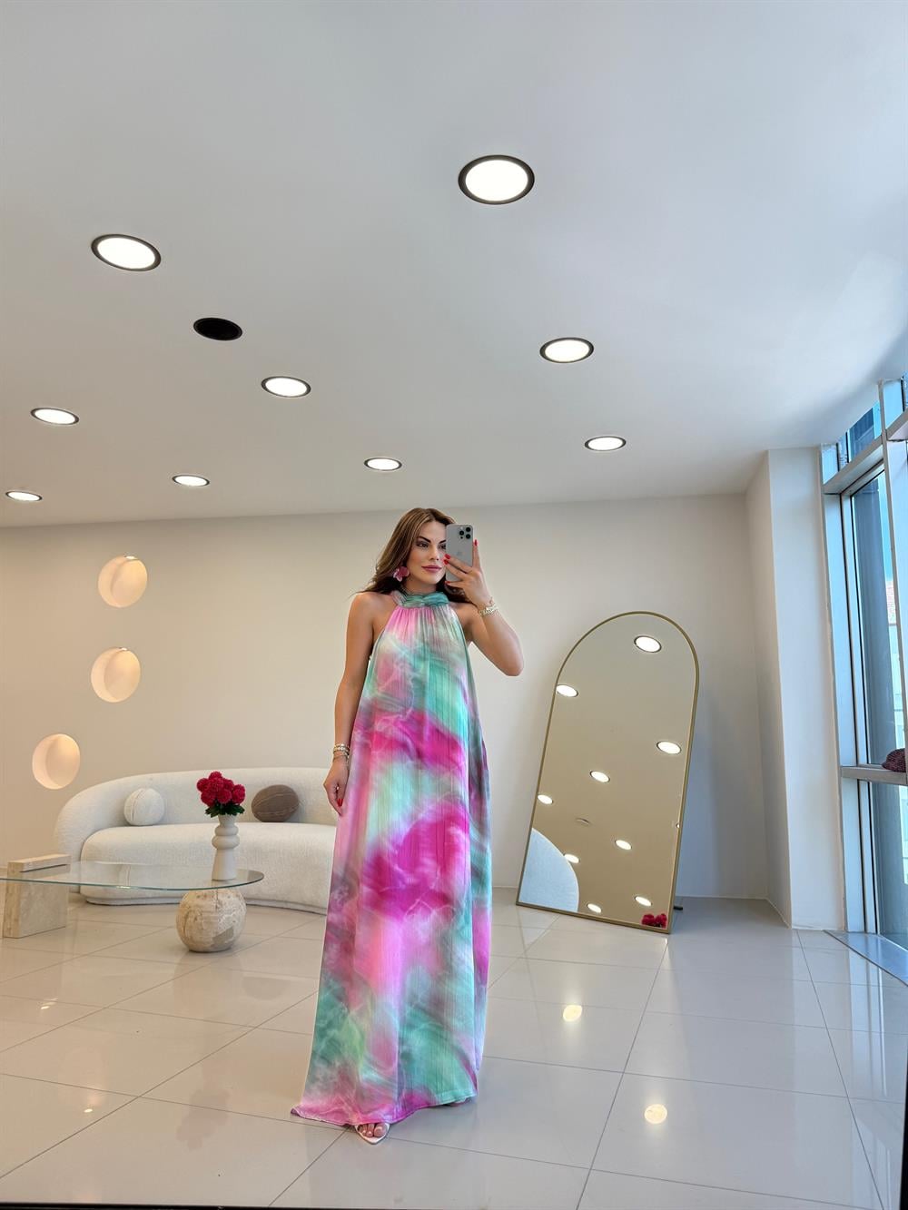 HALTER YAKA RENK GEÇİŞLİ SATEN ELBİSE PEMBE