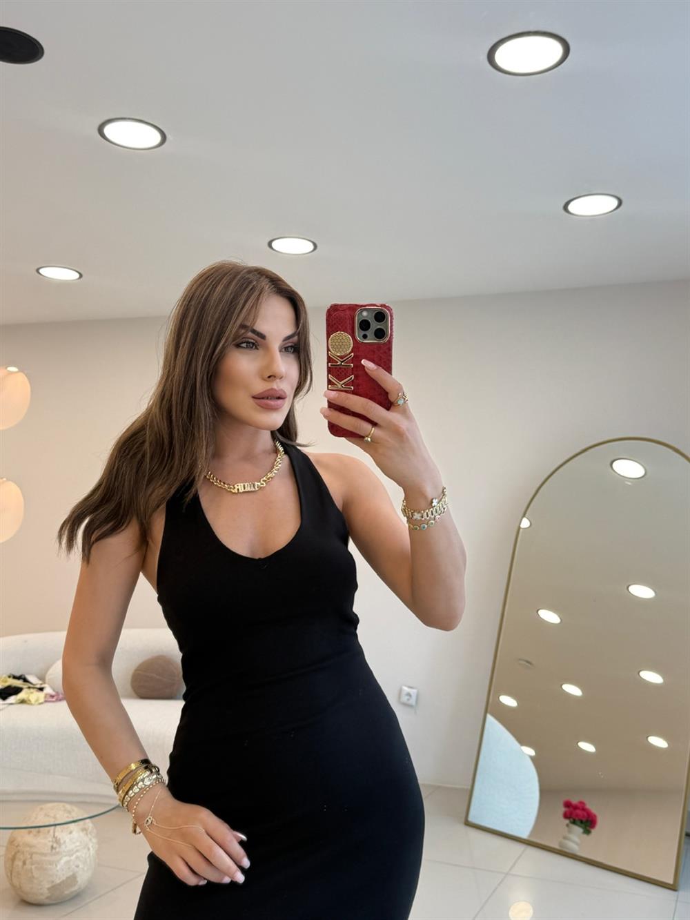 HALTER YAKA SIRT DEKOLTELİ ELBİSE