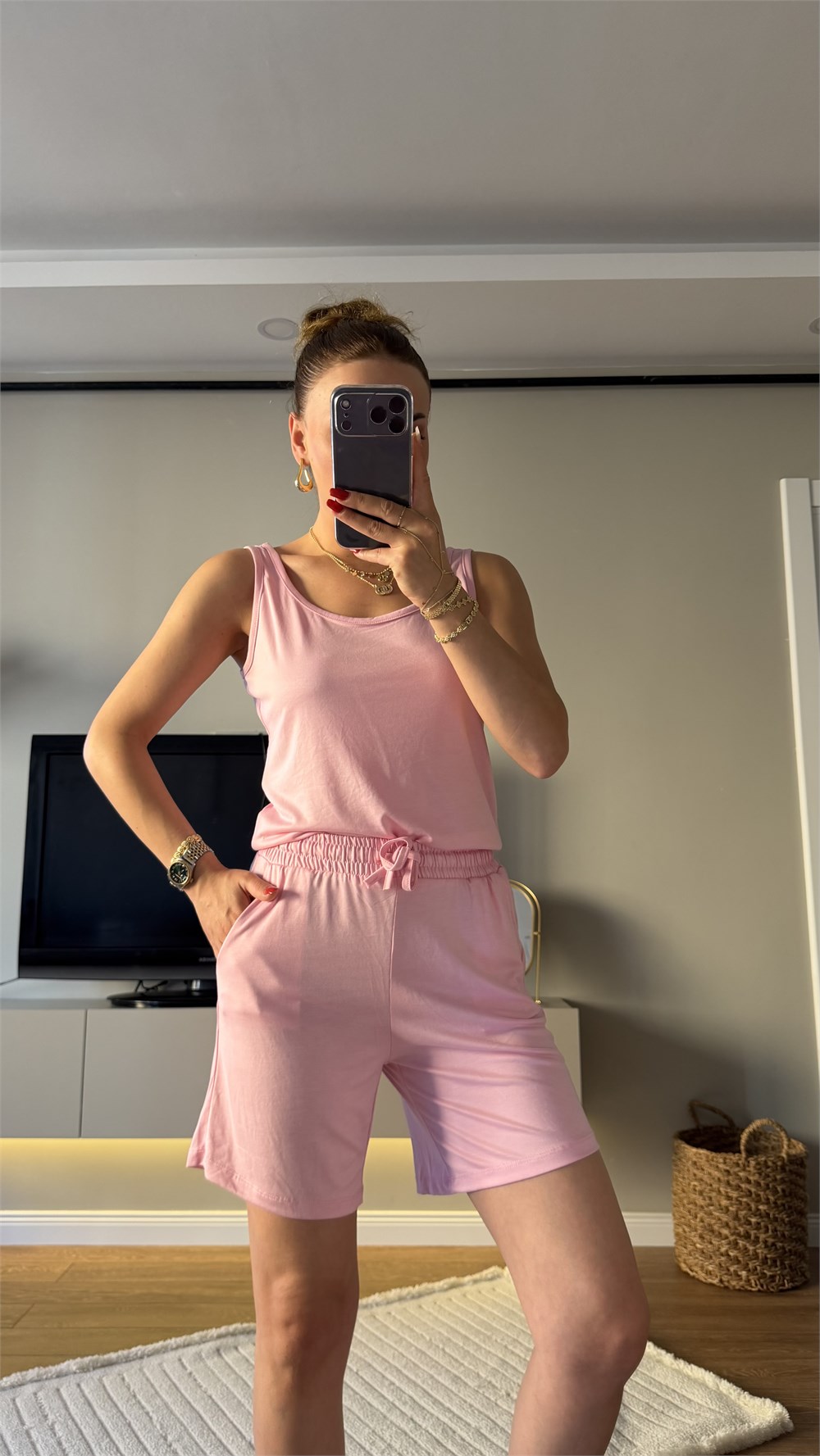 İİkili Pamuk Şortlu Takım Pembe 