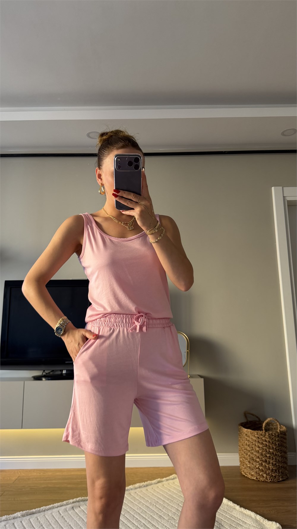 İİkili Pamuk Şortlu Takım Pembe 