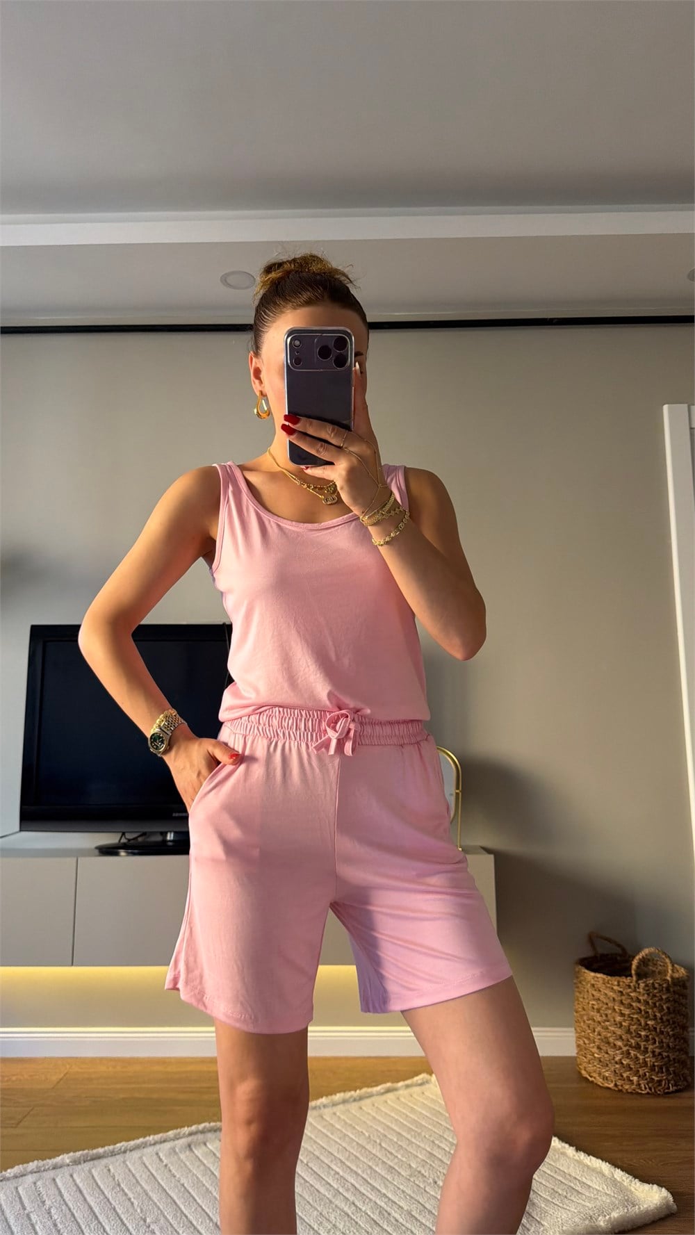 İİkili Pamuk Şortlu Takım Pembe 