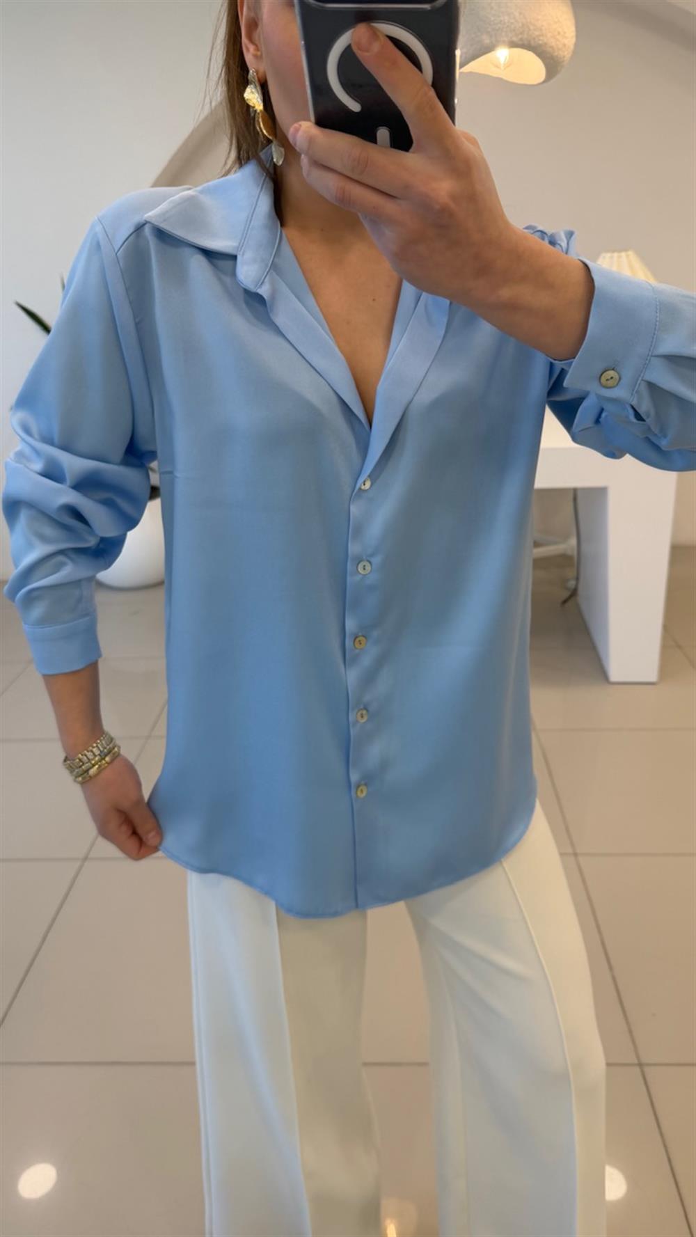 İİNCE MANŞET TEK DÜĞME SATEN GÖMLEK BEBE MAVİ