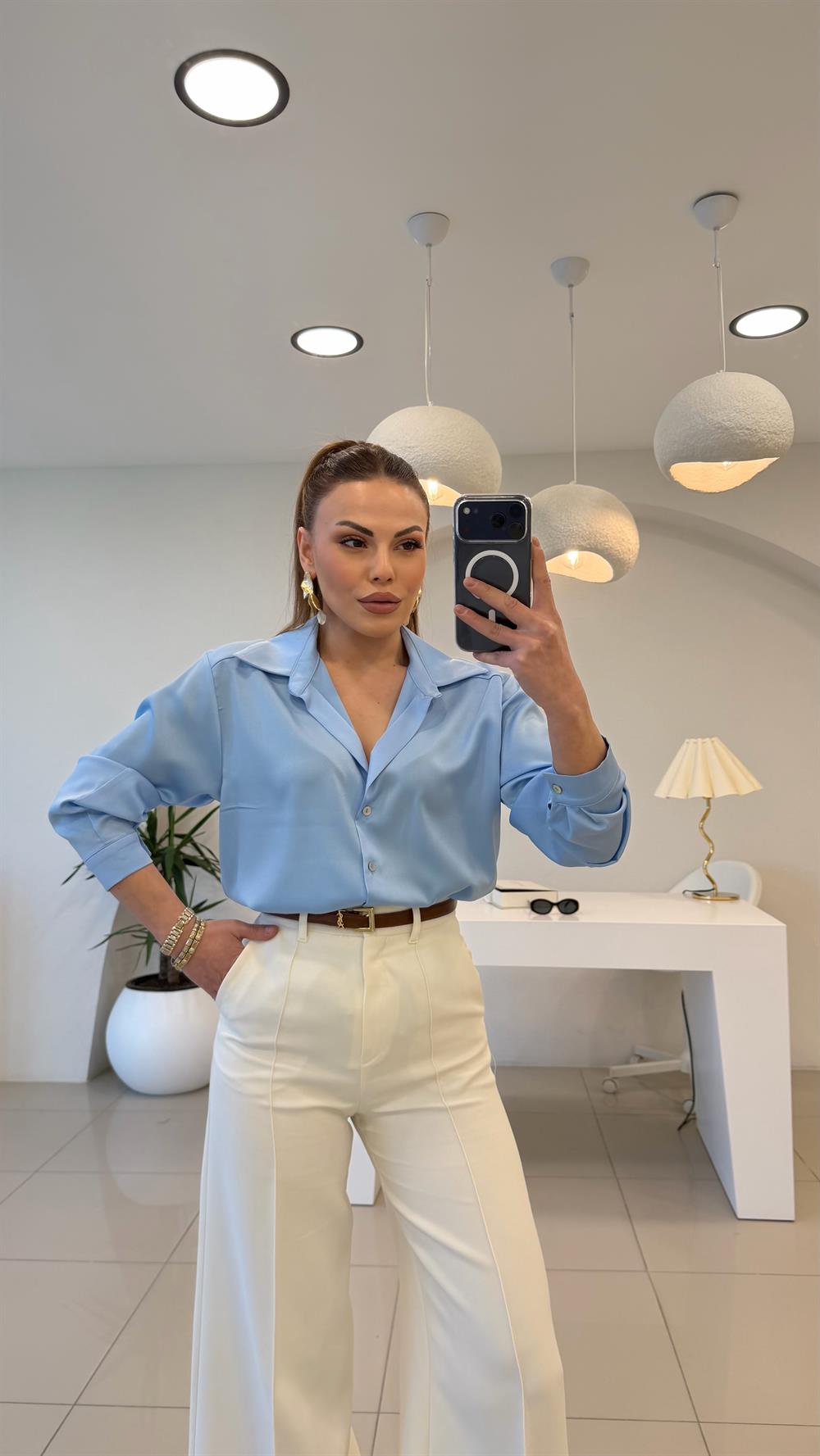 İİNCE MANŞET TEK DÜĞME SATEN GÖMLEK BEBE MAVİ