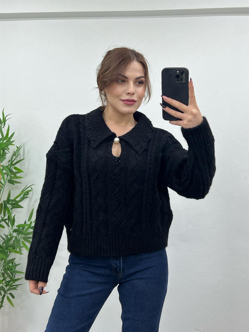 İnci̇li̇ Polo Yaka Si̇yah Kazak