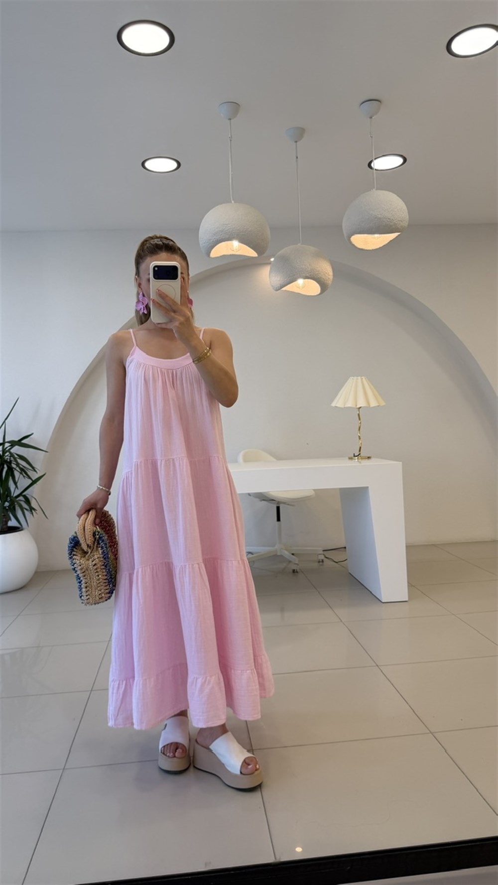 İP ASKILI SALAŞ KETEN ELBİSE  PEMBE