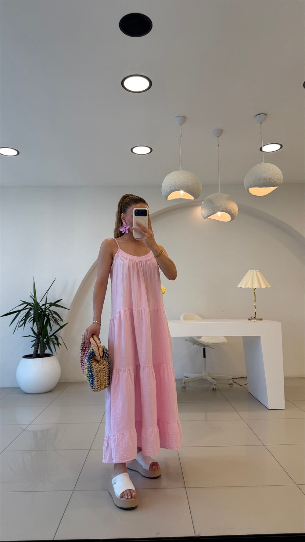 İP ASKILI SALAŞ KETEN ELBİSE  PEMBE