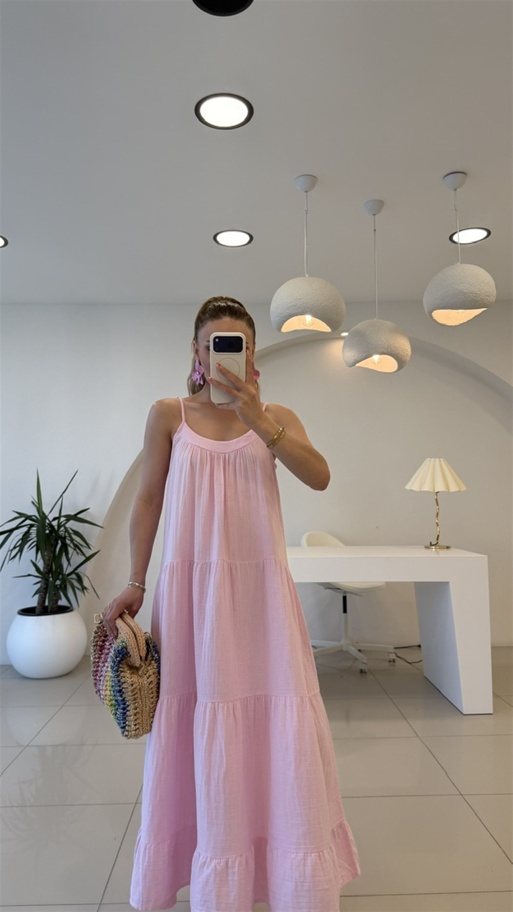 İP ASKILI SALAŞ KETEN ELBİSE  PEMBE