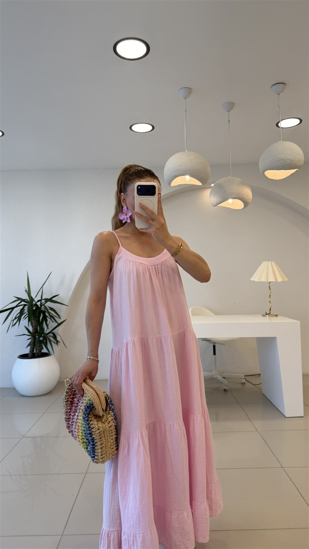 İP ASKILI SALAŞ KETEN ELBİSE  PEMBE