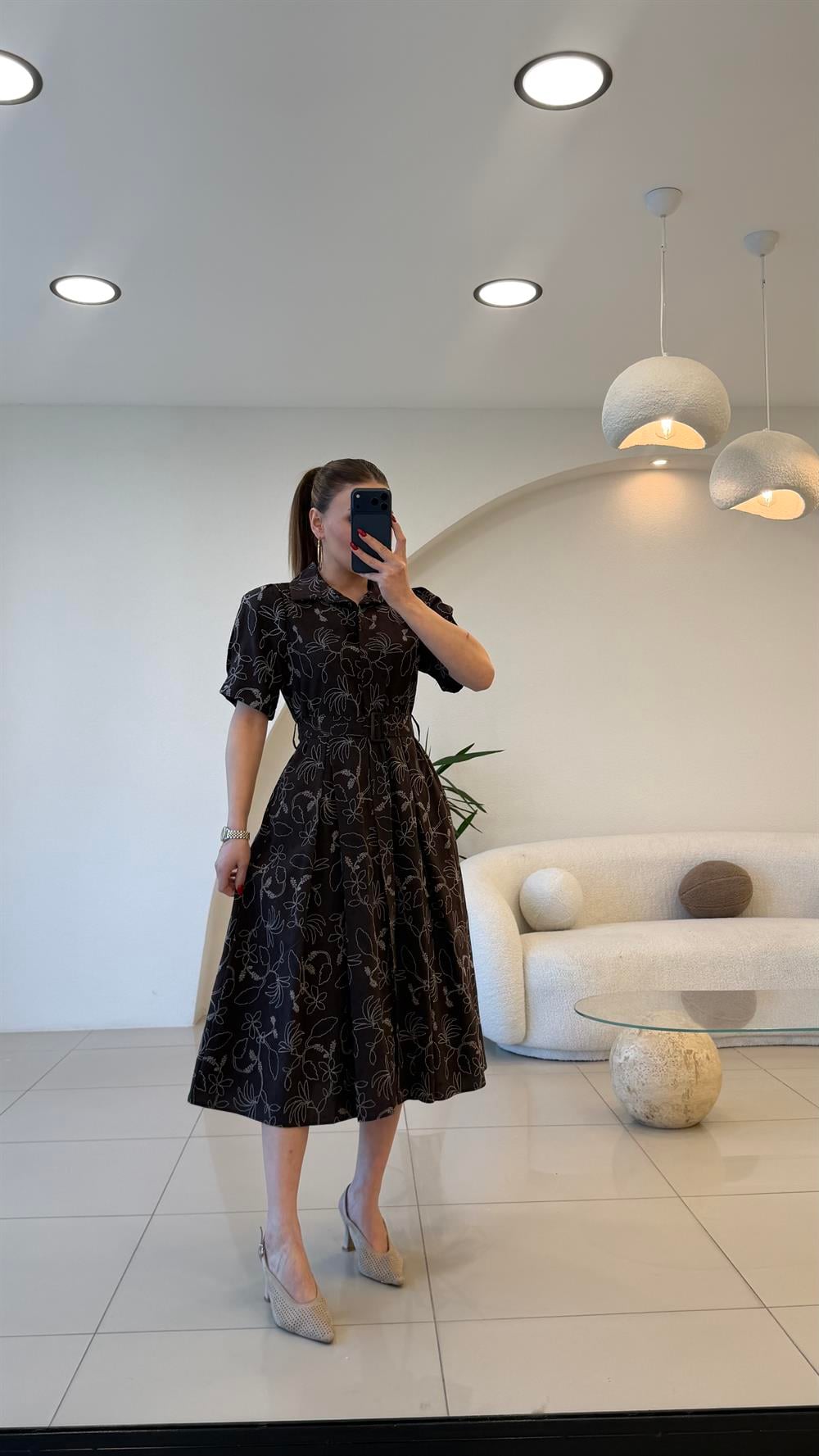 İŞLEMELİ PAMUK KETEN ELBİSE KAHVE