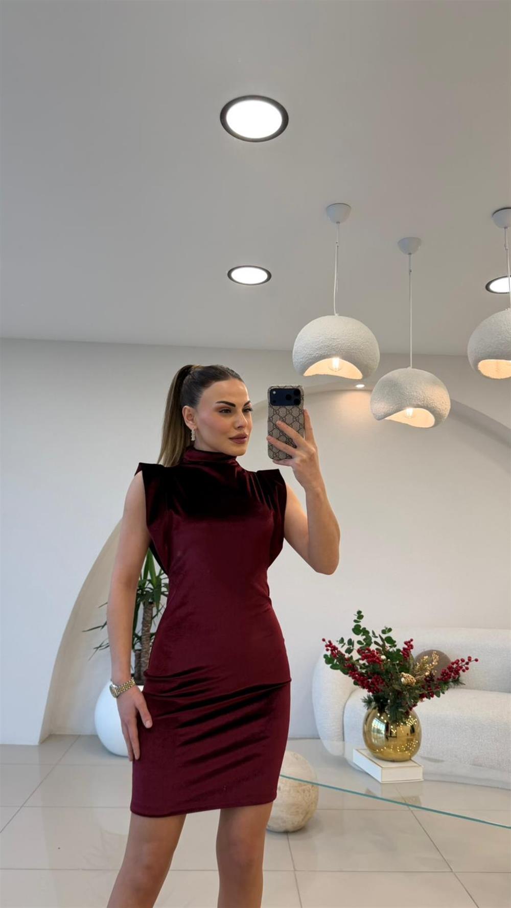KADİFE MİNİ ELBİSE BORDO