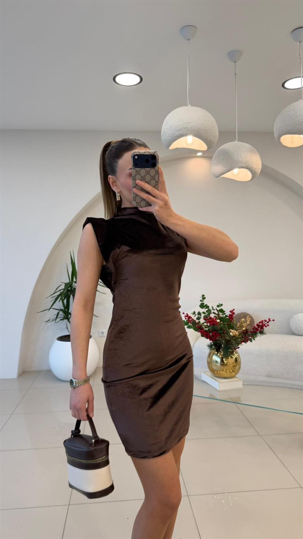 KADİFE MİNİ ELBİSE KAHVE
