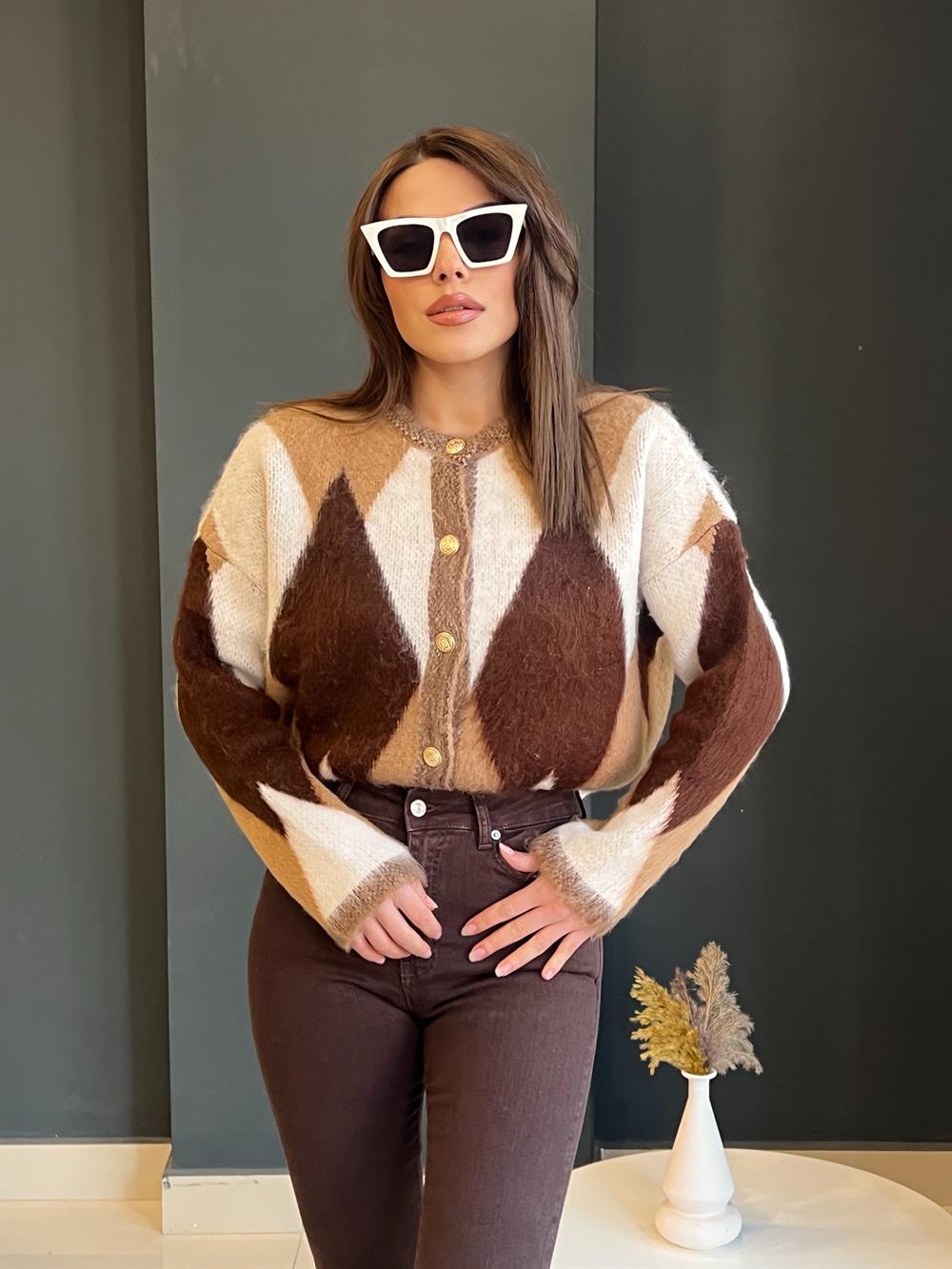 Kahve-Camel Geni̇ş Baklava Desenli̇ Yumoş Hirka