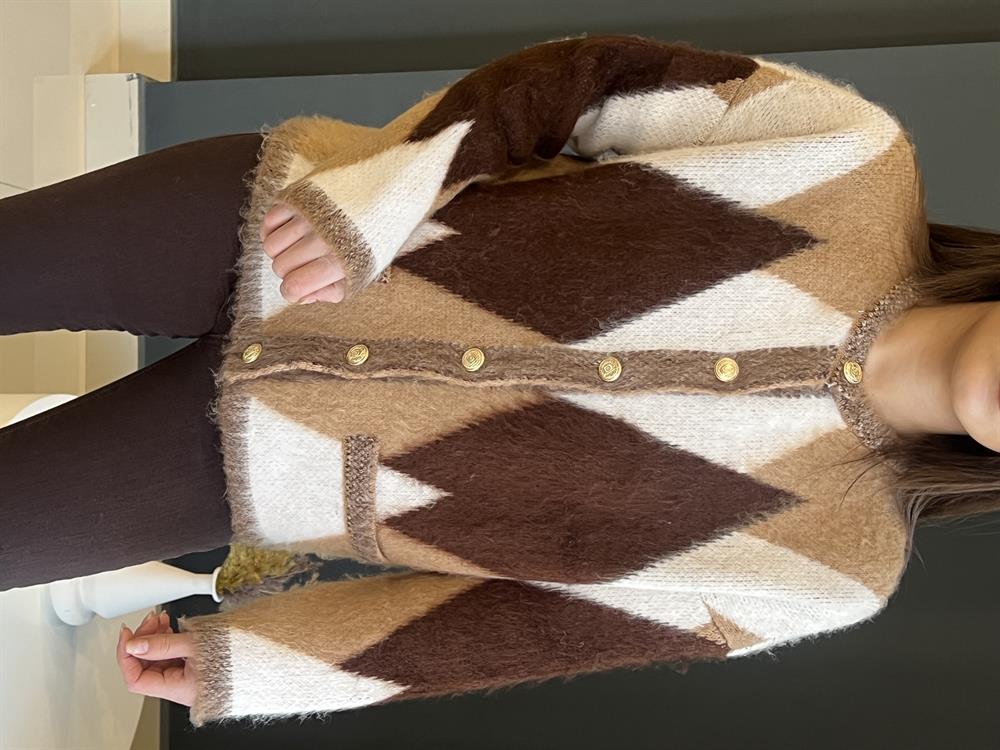 Kahve-Camel Geni̇ş Baklava Desenli̇ Yumoş Hirka