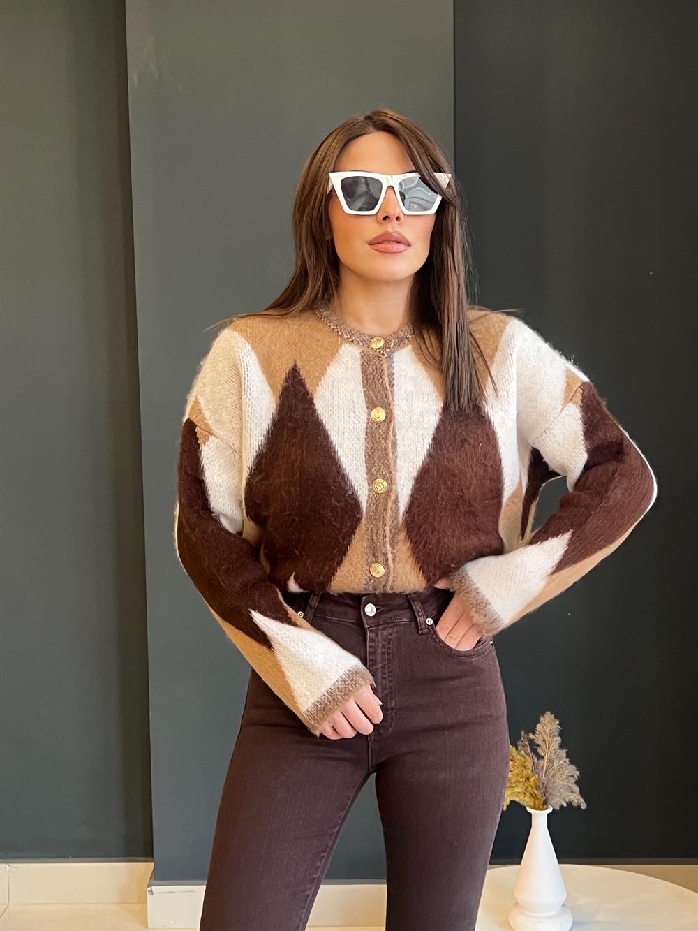 Kahve-Camel Geni̇ş Baklava Desenli̇ Yumoş Hirka