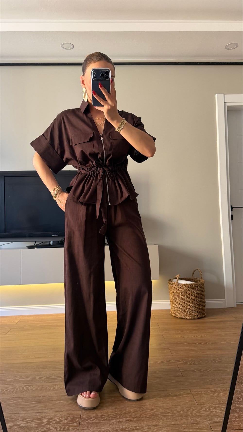 Kahve Keten Bel Bağlamalı İkili Takım