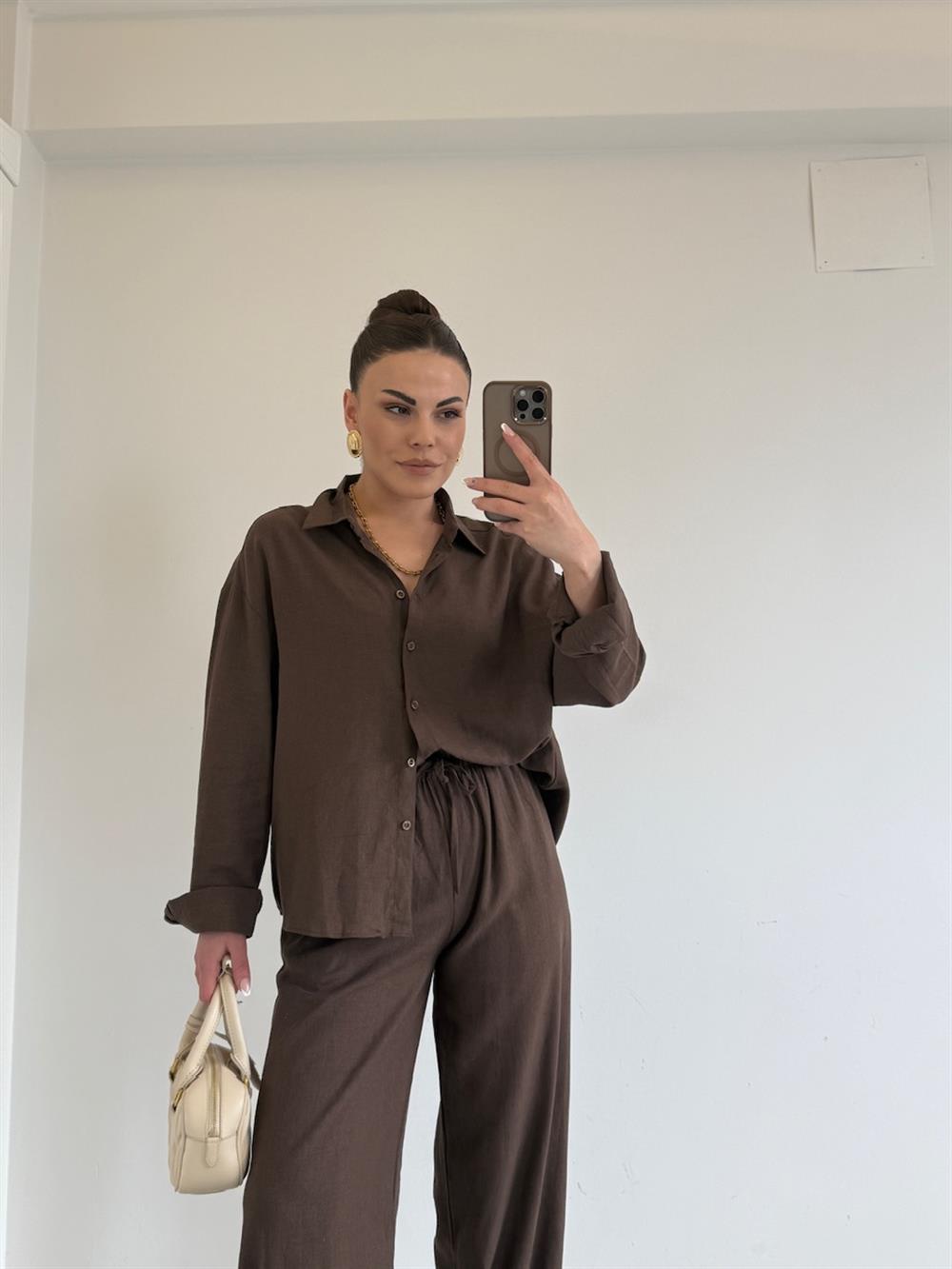 KAHVE KETEN GÖMLEK PANTOLON TAKIM