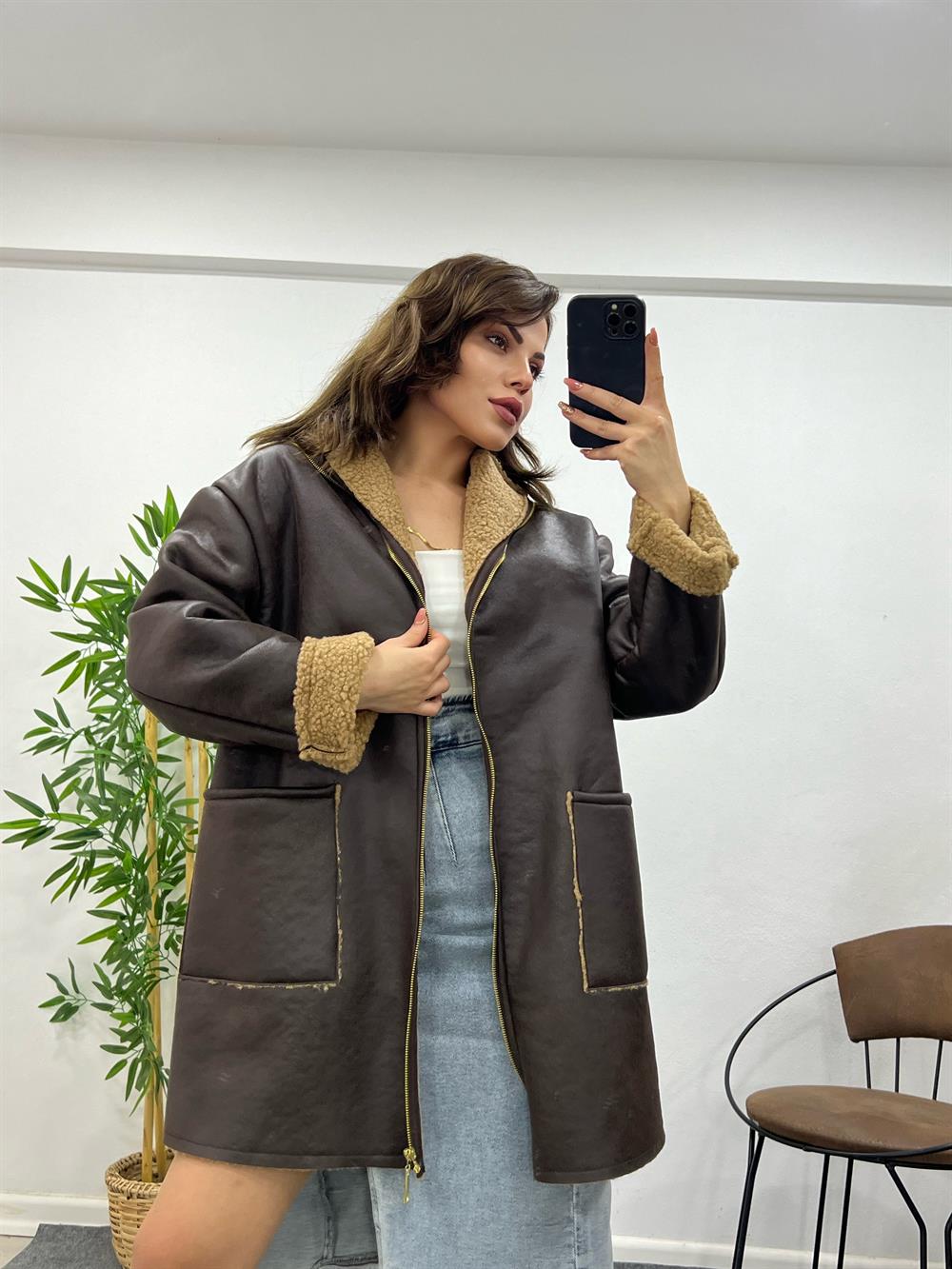 Kahve Kürklü Deri̇ Mont