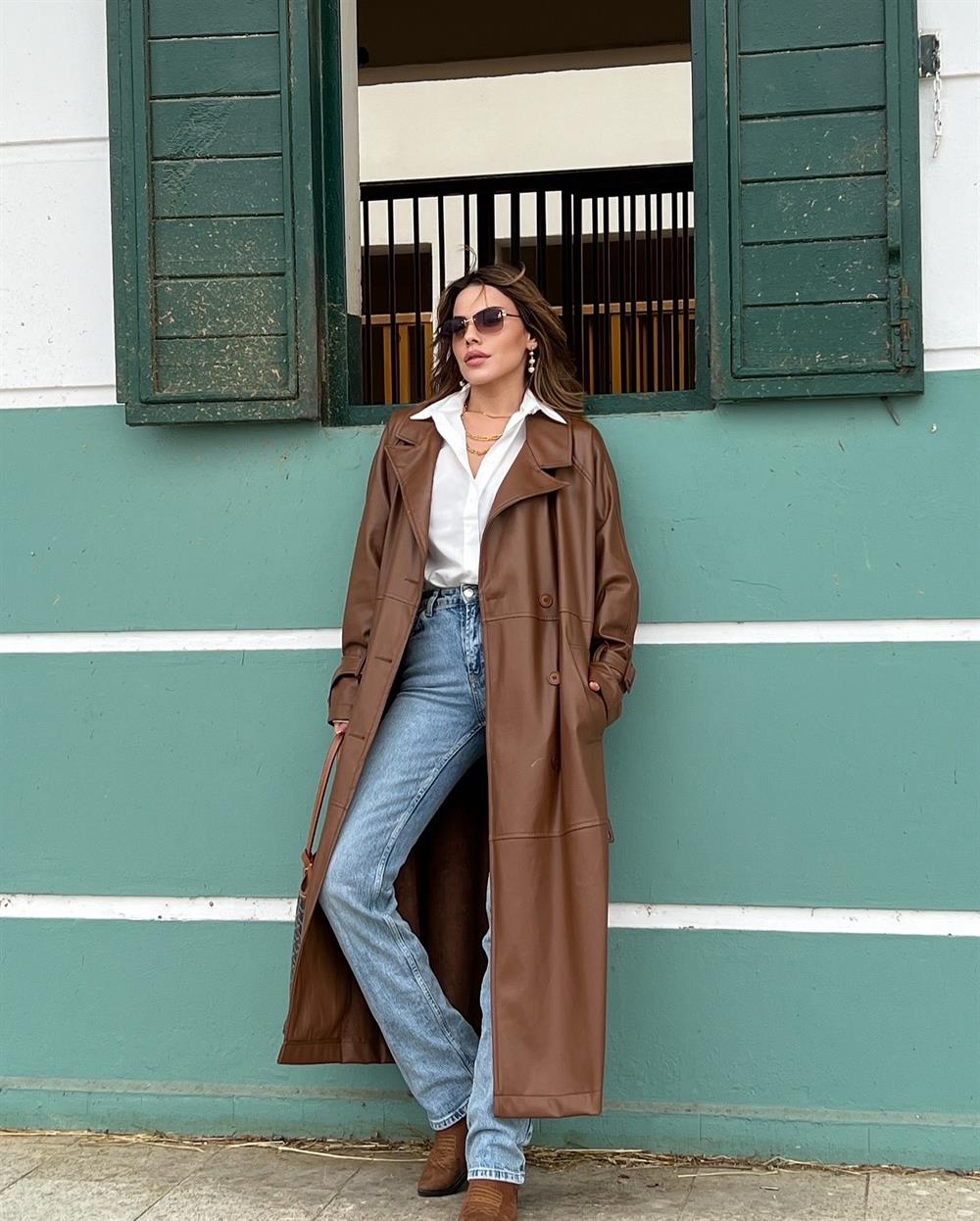 Kahve Kuşakli Premi̇um Seri̇ Deri̇ Trençkot