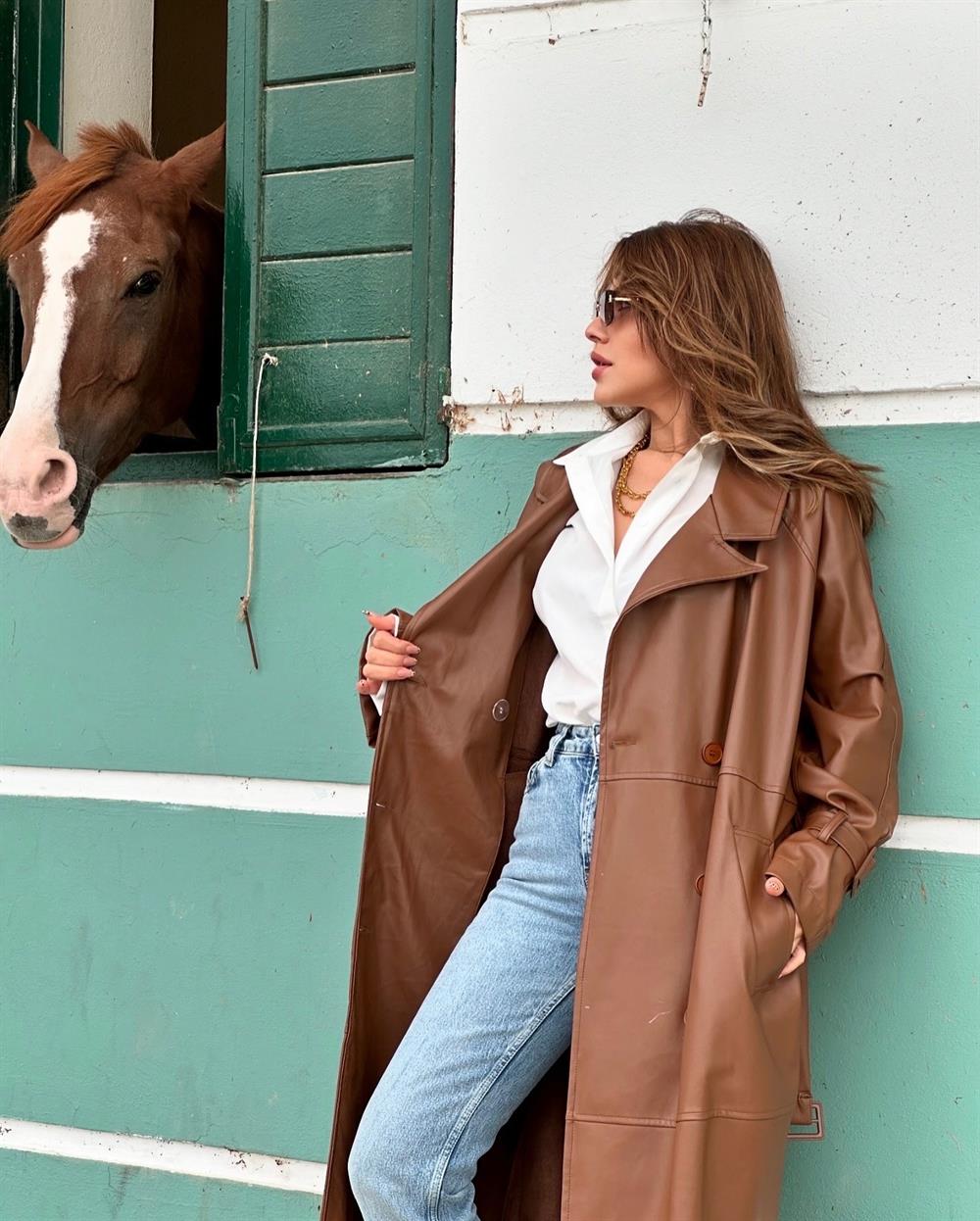 Kahve Kuşakli Premi̇um Seri̇ Deri̇ Trençkot