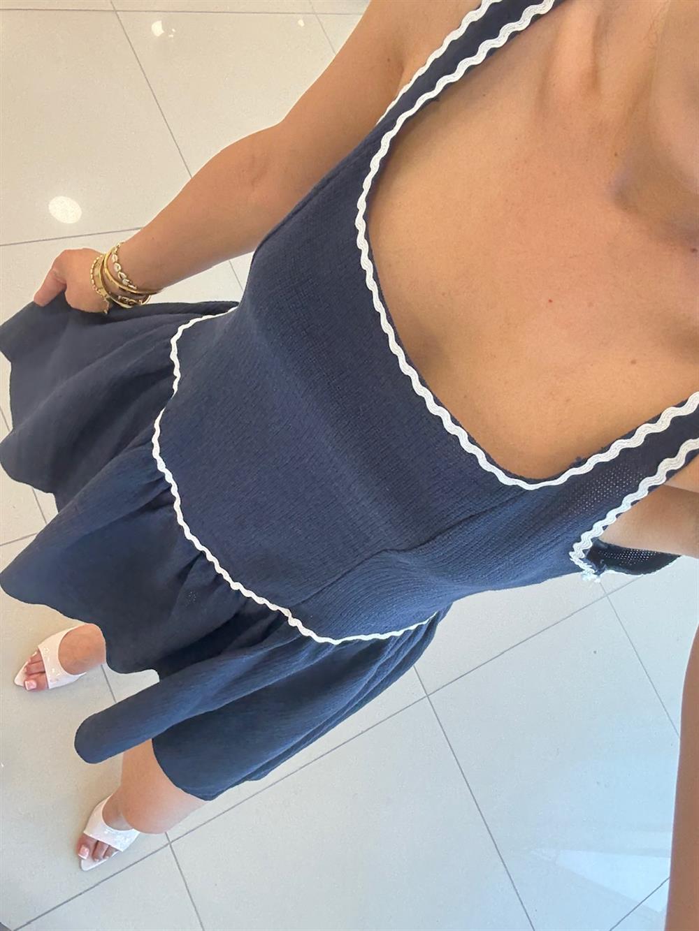 KALIN ASKILI BİYELİ ELBİSE LACİVERT