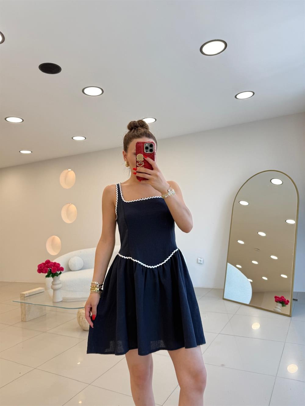 KALIN ASKILI BİYELİ ELBİSE LACİVERT