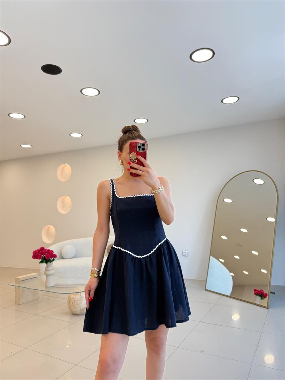 KALIN ASKILI BİYELİ ELBİSE LACİVERT