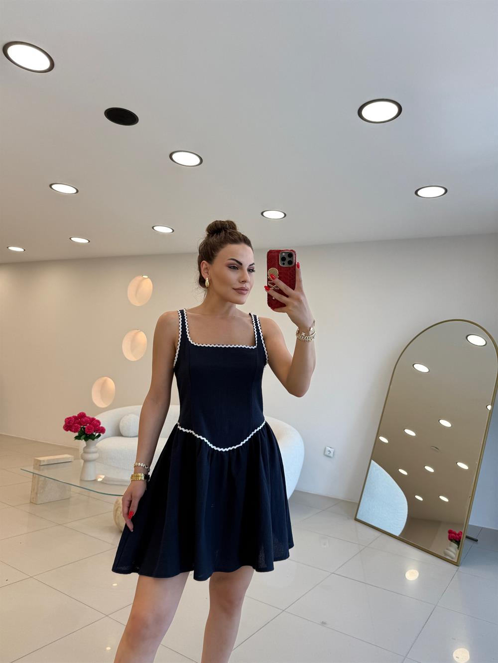 KALIN ASKILI BİYELİ ELBİSE LACİVERT