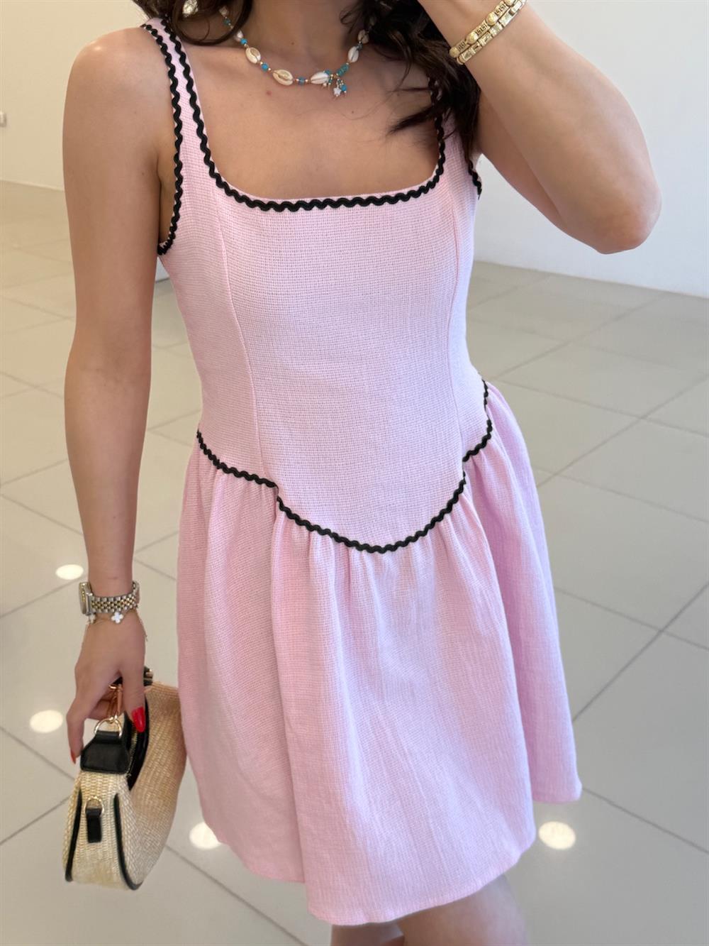 KALIN ASKILI BİYELİ ELBİSE PEMBE