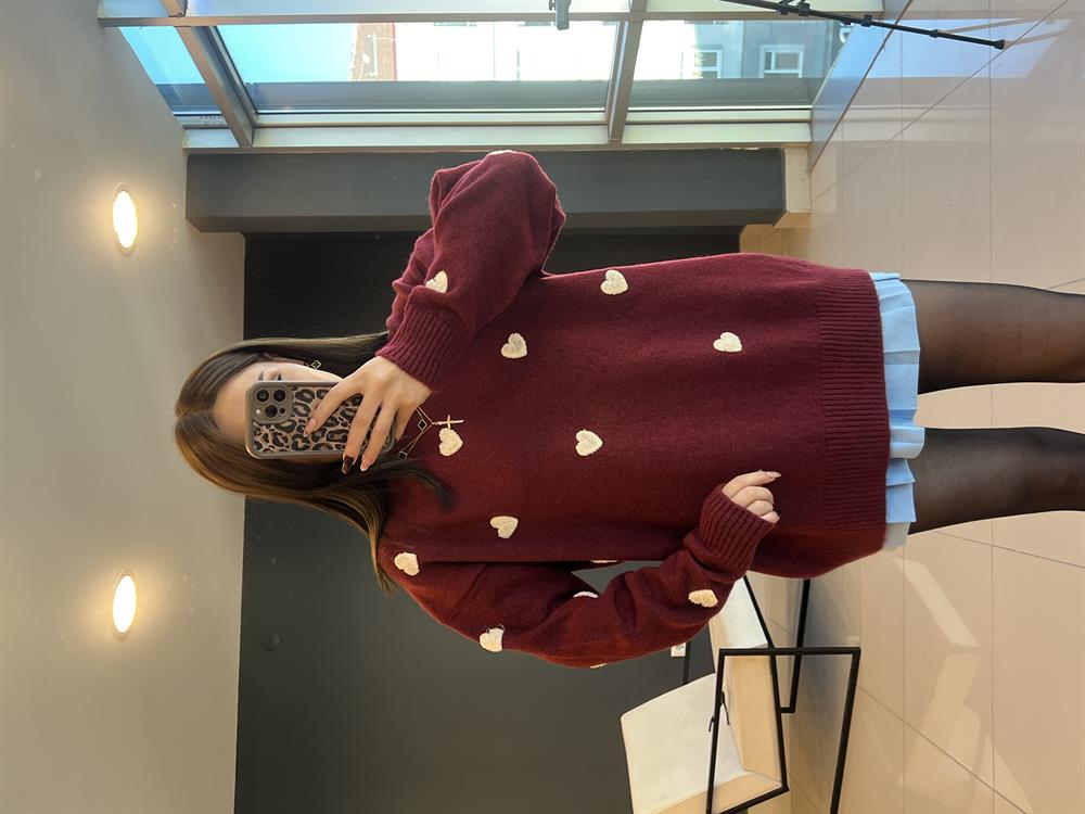 Kalp İşlemeli̇ Kazak Bordo