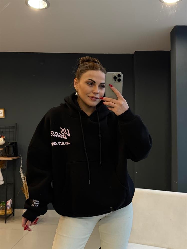 Kapşonlu Arkasi Desenli̇ Sweatshirt