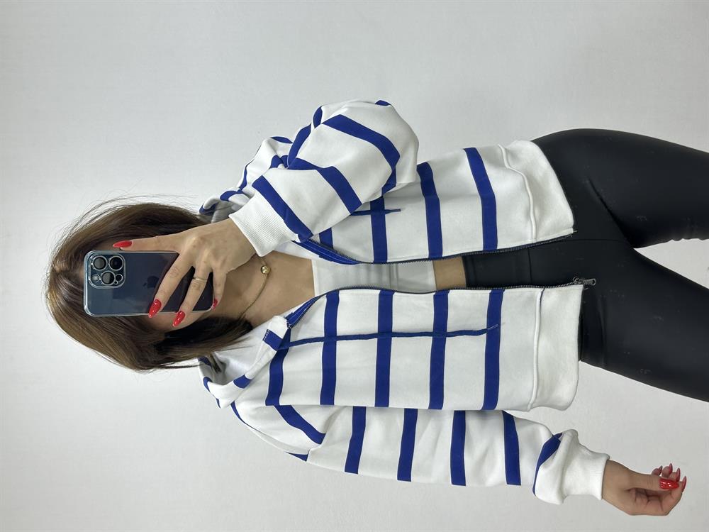 Kapşonlu Laci̇vert Çi̇zgi̇li̇ Sweat Hirka