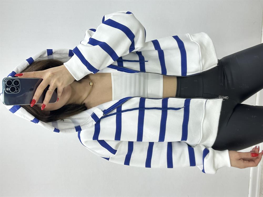 Kapşonlu Laci̇vert Çi̇zgi̇li̇ Sweat Hirka