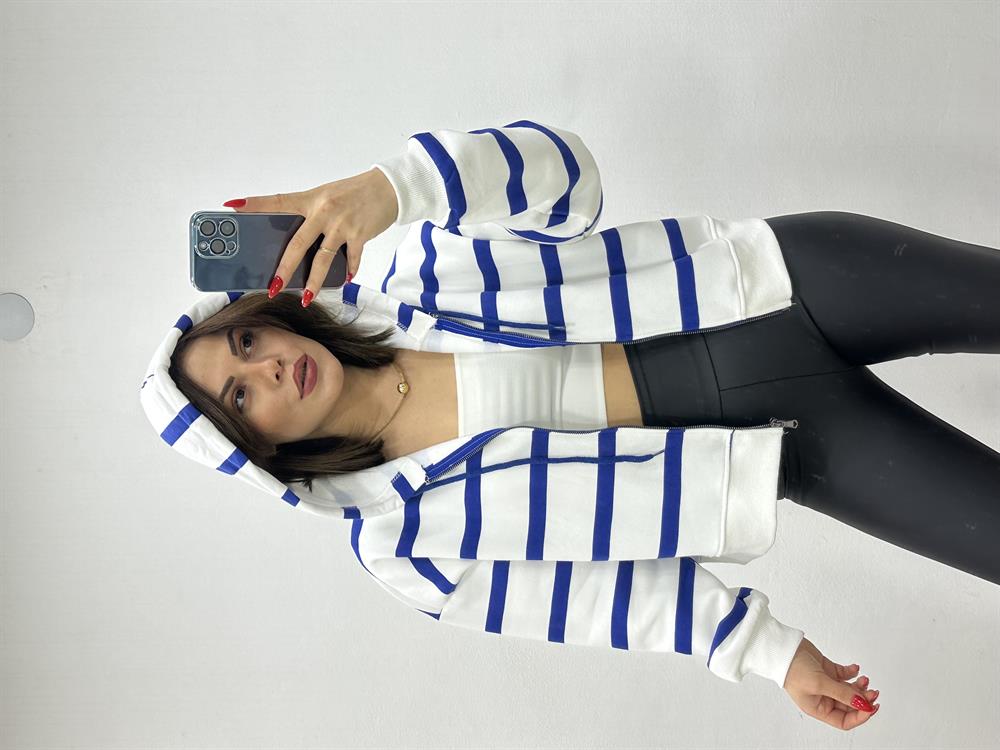 Kapşonlu Laci̇vert Çi̇zgi̇li̇ Sweat Hirka