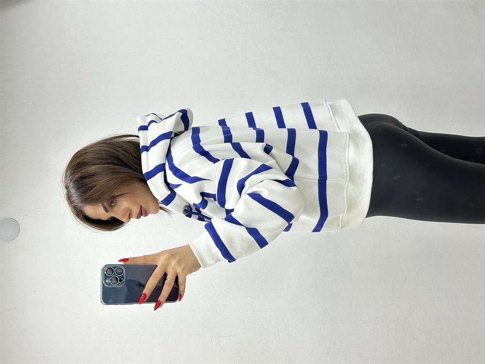 Kapşonlu Laci̇vert Çi̇zgi̇li̇ Sweat Hirka