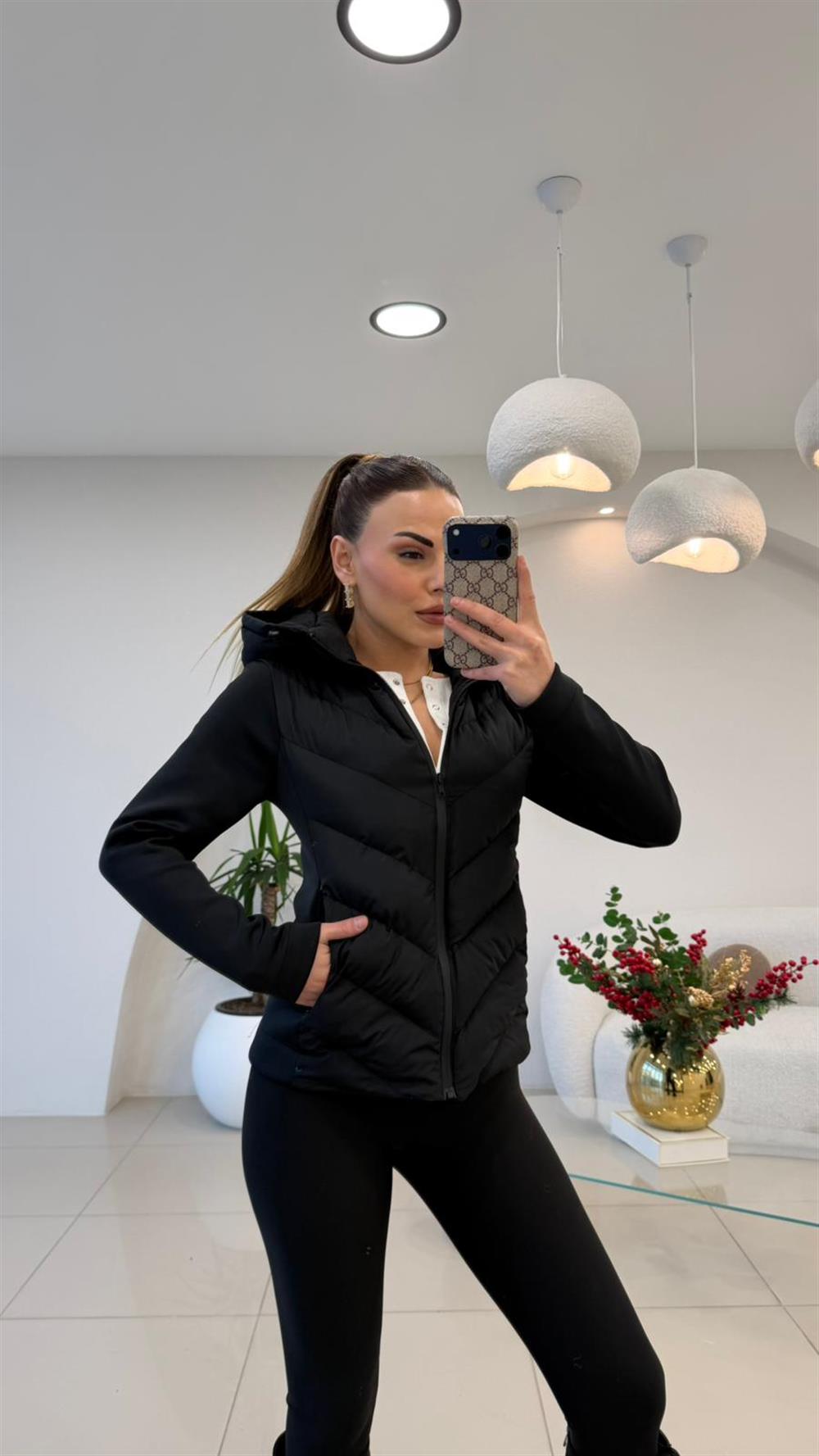 KAPŞONLU ŞİŞME MONT SİYAH 