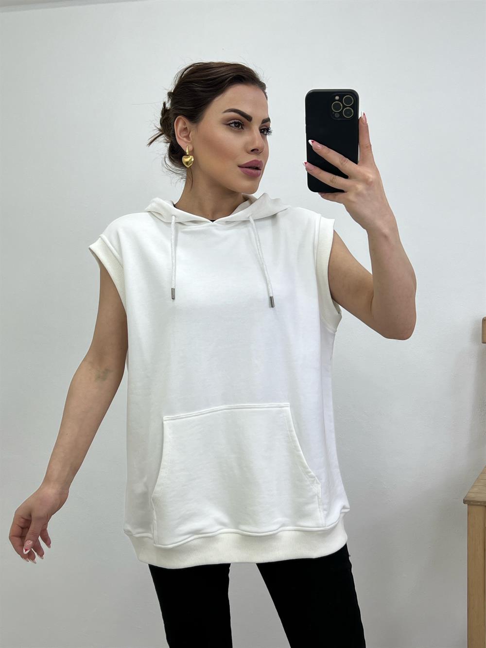 Kapüşonlu Sifir Kol Sweat Beyaz