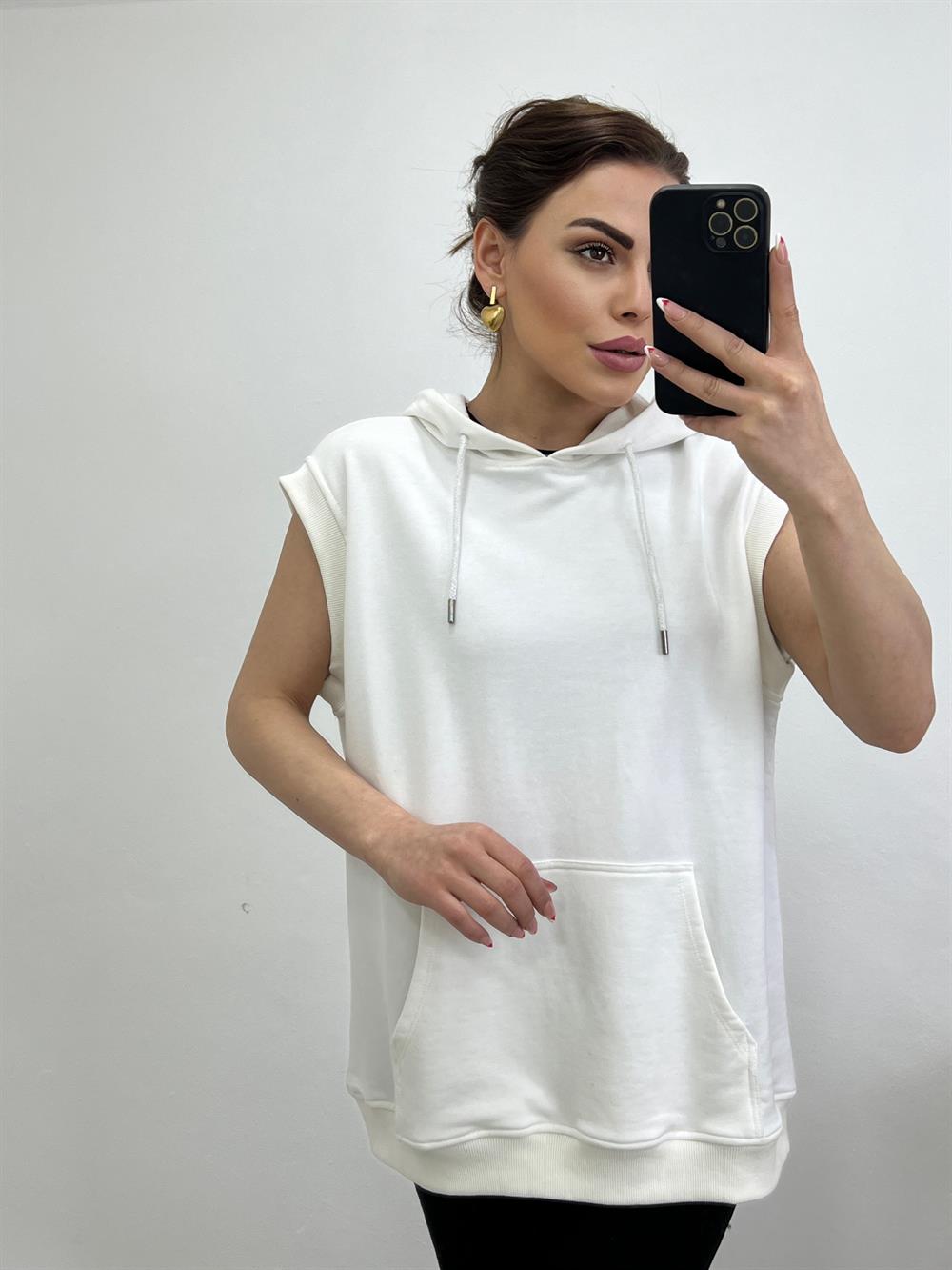 Kapüşonlu Sifir Kol Sweat Beyaz
